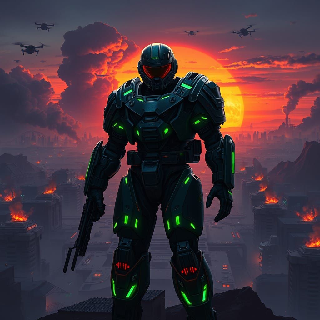 Futuristic Soldier Stands Tall in Gritty, High-Tech Exosuit