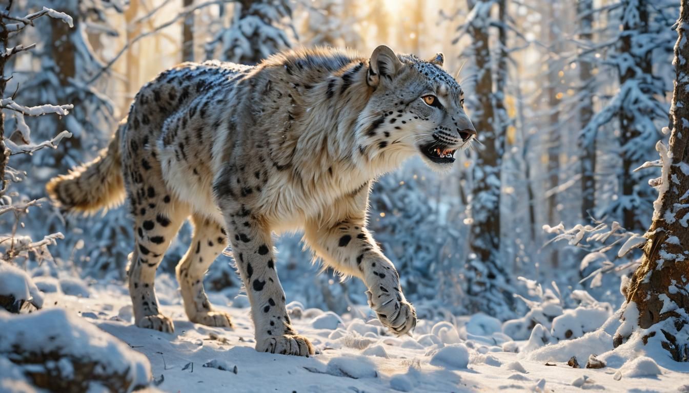 Wolf-Leopard Hybrid Pouncing Through Snowy Forest