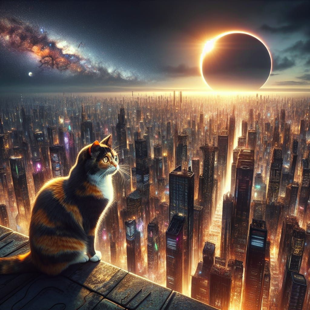 Calico Cat Observes Solar Eclipse Over City