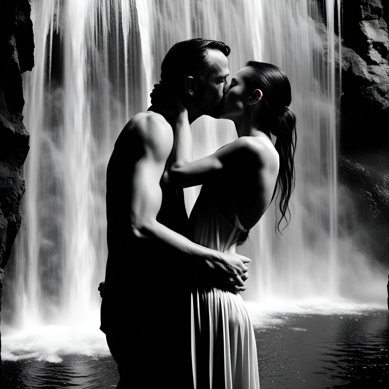 Lovers Kissing Behind a Waterfall