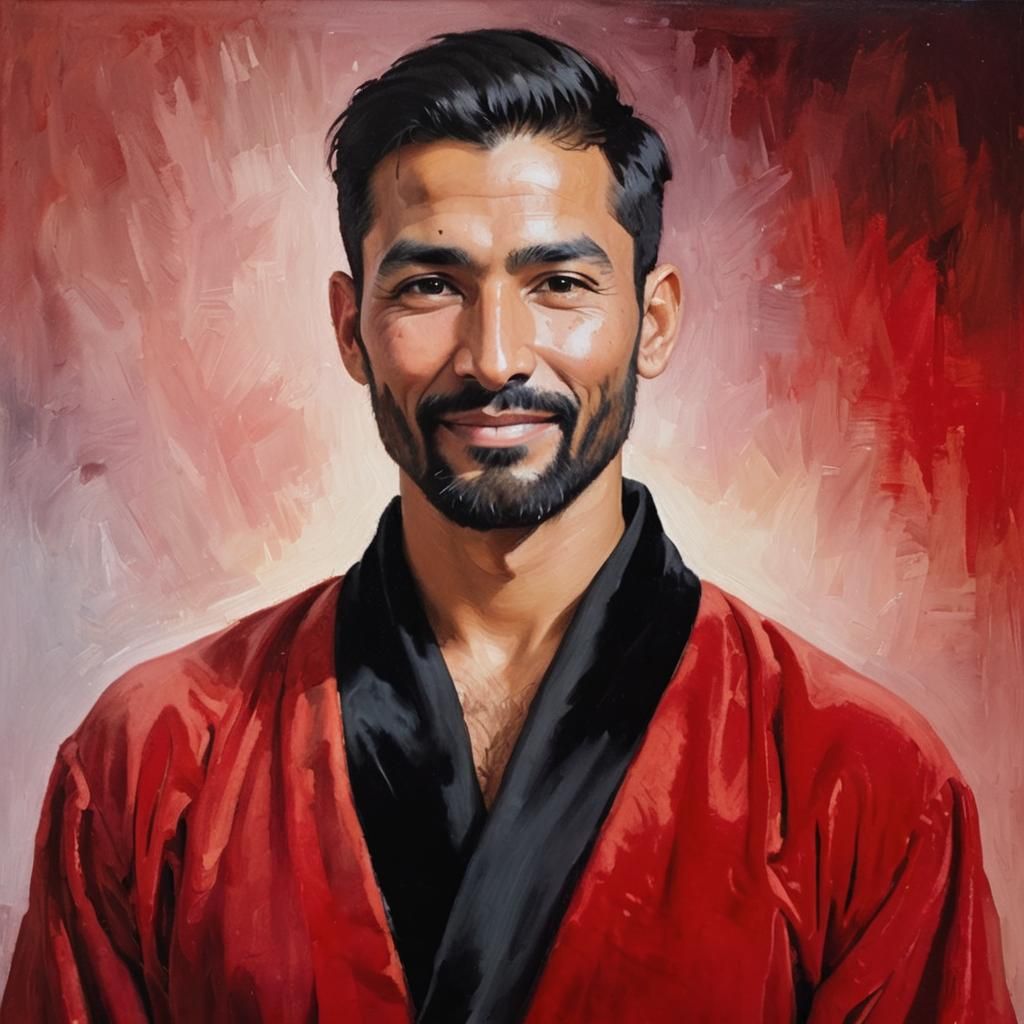 Smiling Man in Red Velvet Robe, Impressionist Oil Painting
