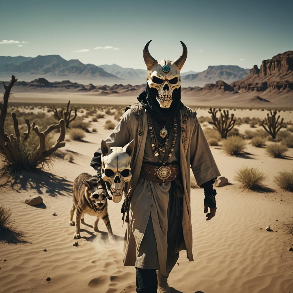 Demonic Druids in Desert Landscape: Cinematic Film Still