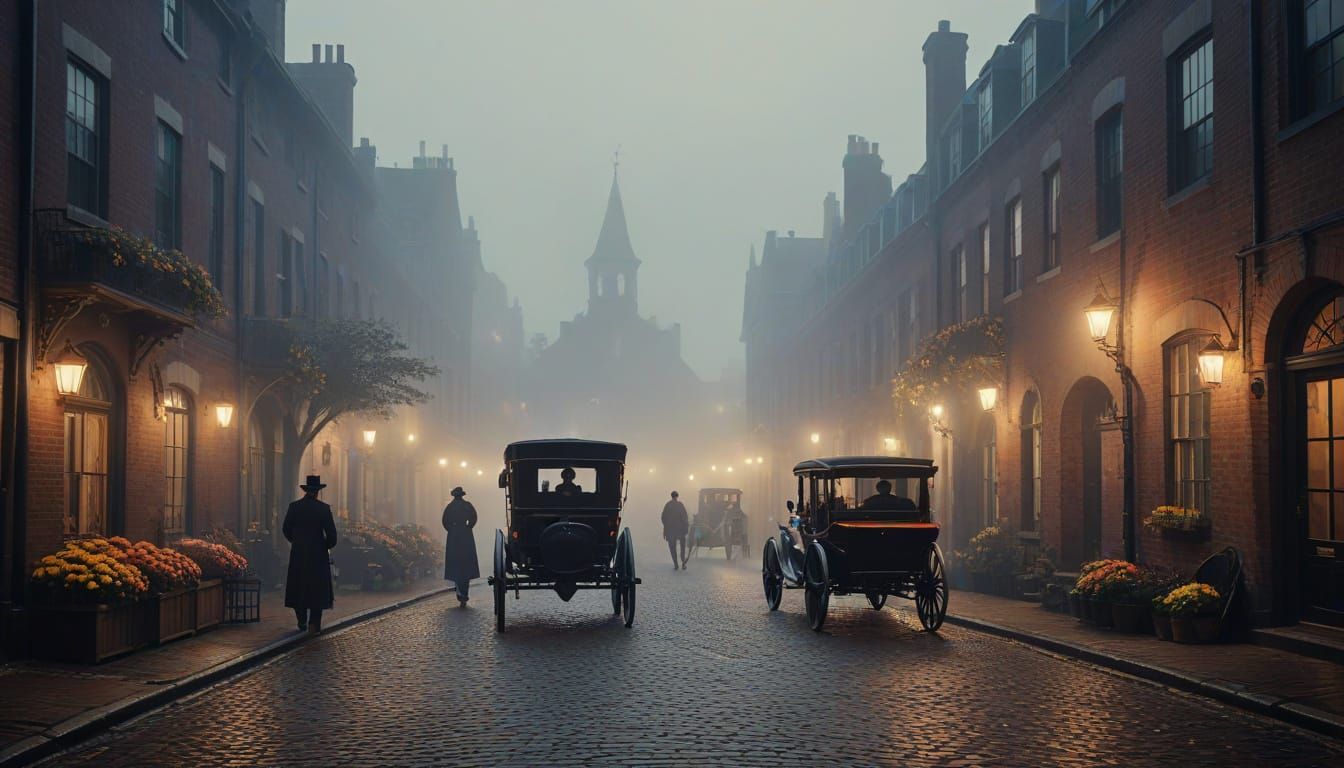 Victorian Foggy Street Scene with Gaslamps and Carriages