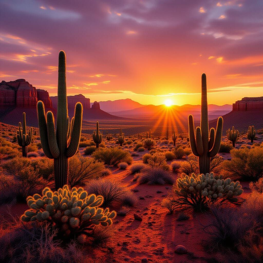 Desert Sunset Landscape with Cacti: Photorealistic Style
