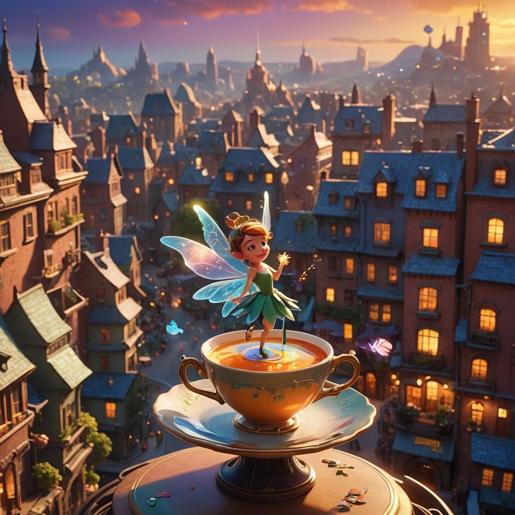 Fairy in a Teacup City: Pixar-Inspired 3D Art