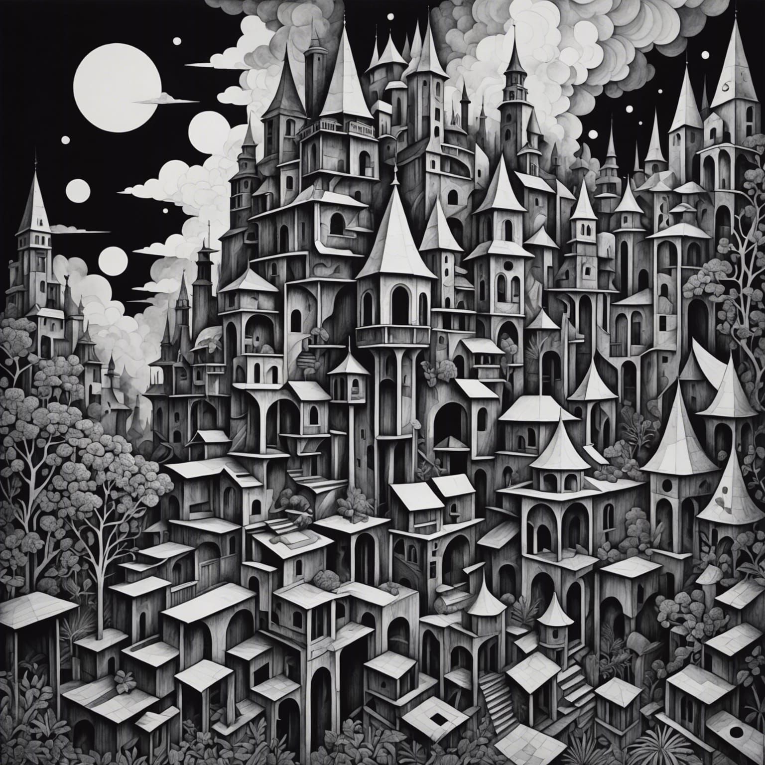 Ethereal Cubist Fantasy in Black Ink Drawing