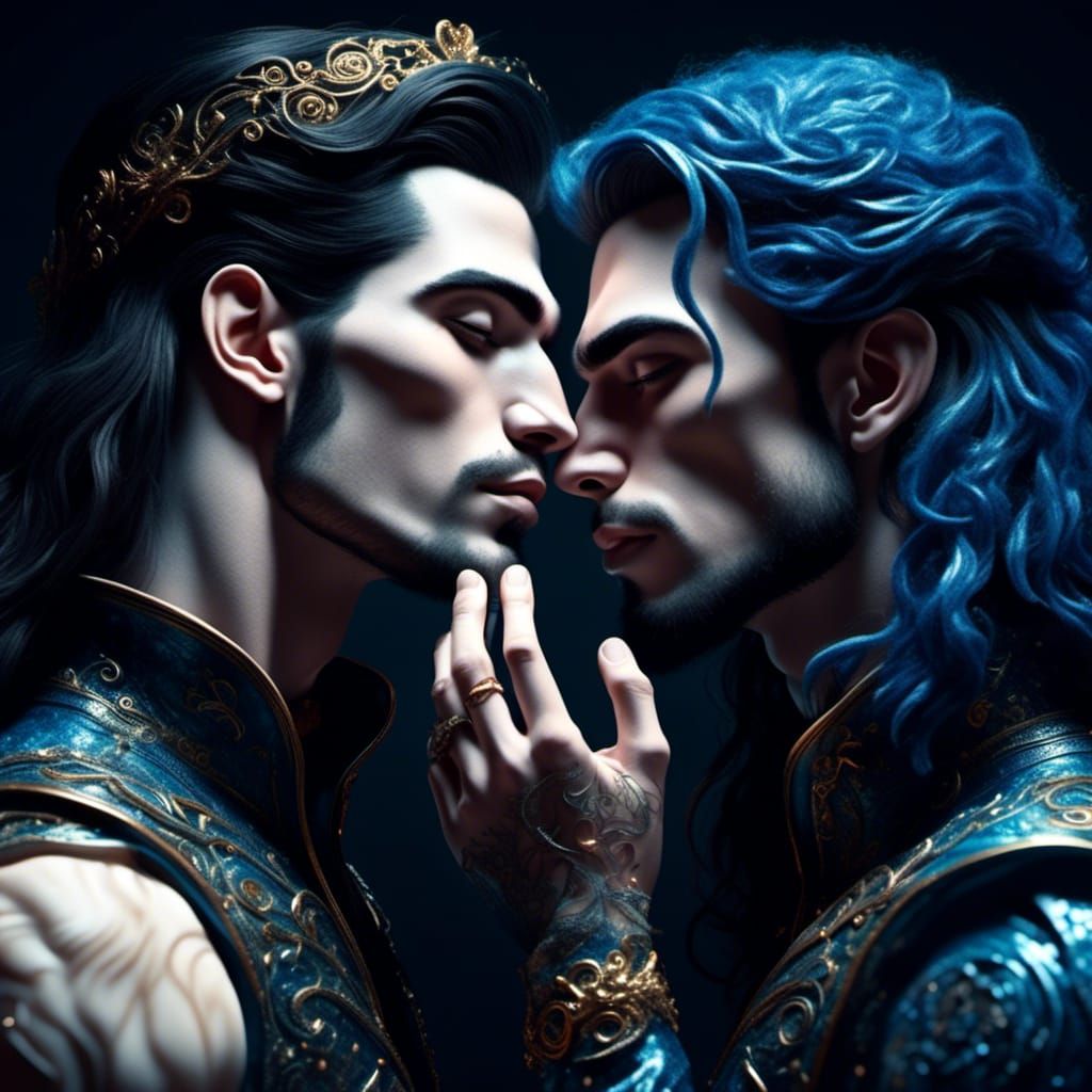 Romantic Gay Couple Kissing in Fantasy Setting