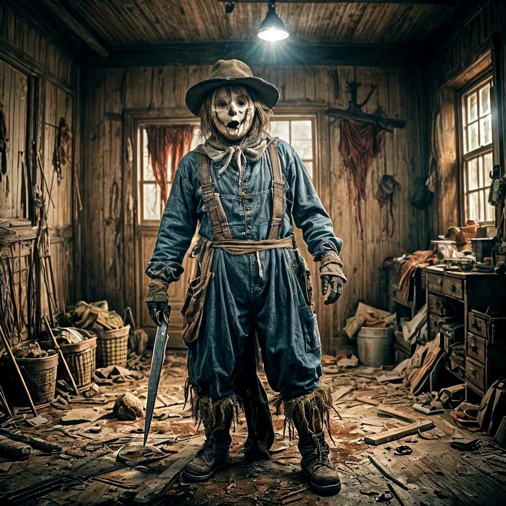 Hyperrealistic Scarecrow in Dark Cinematic Room