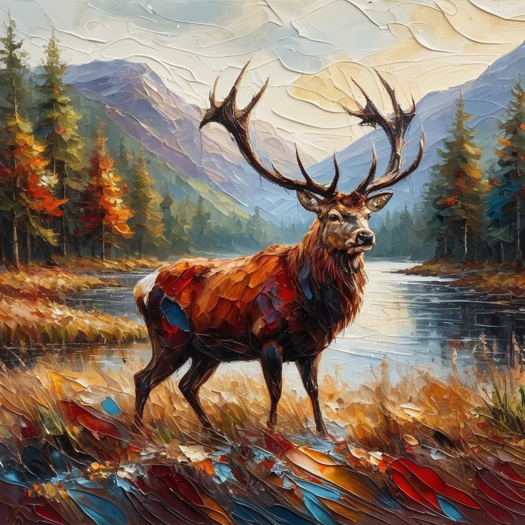 Majestic Red Deer Stag in Impasto Highland Painting