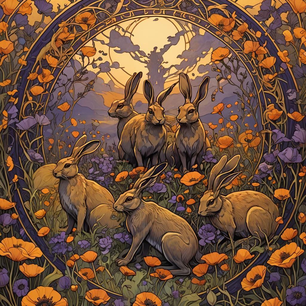 Hares Meeting in Poppy Field at Sunrise, Art Nouveau