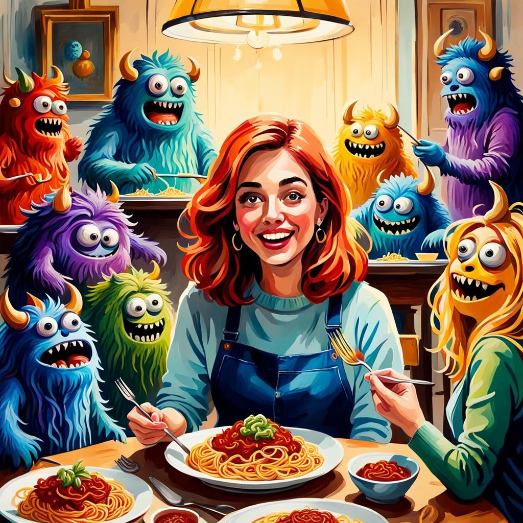 Monsters and Woman Enjoying Spaghetti, Gouache Watercolor