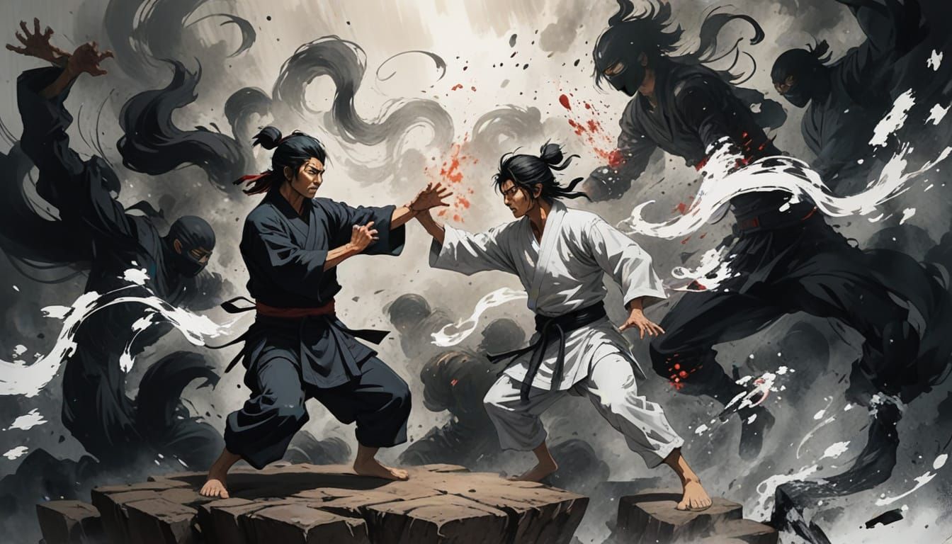 Dramatic Anime Wrist Lock Battle in Vibrant Inky Brush Style