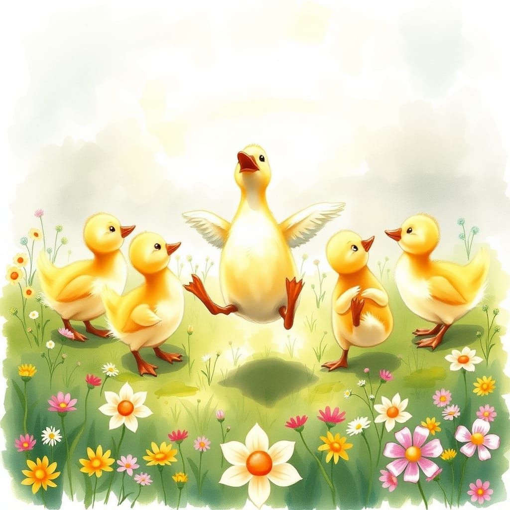 Ducklings Dancing in Watercolor Storybook Field