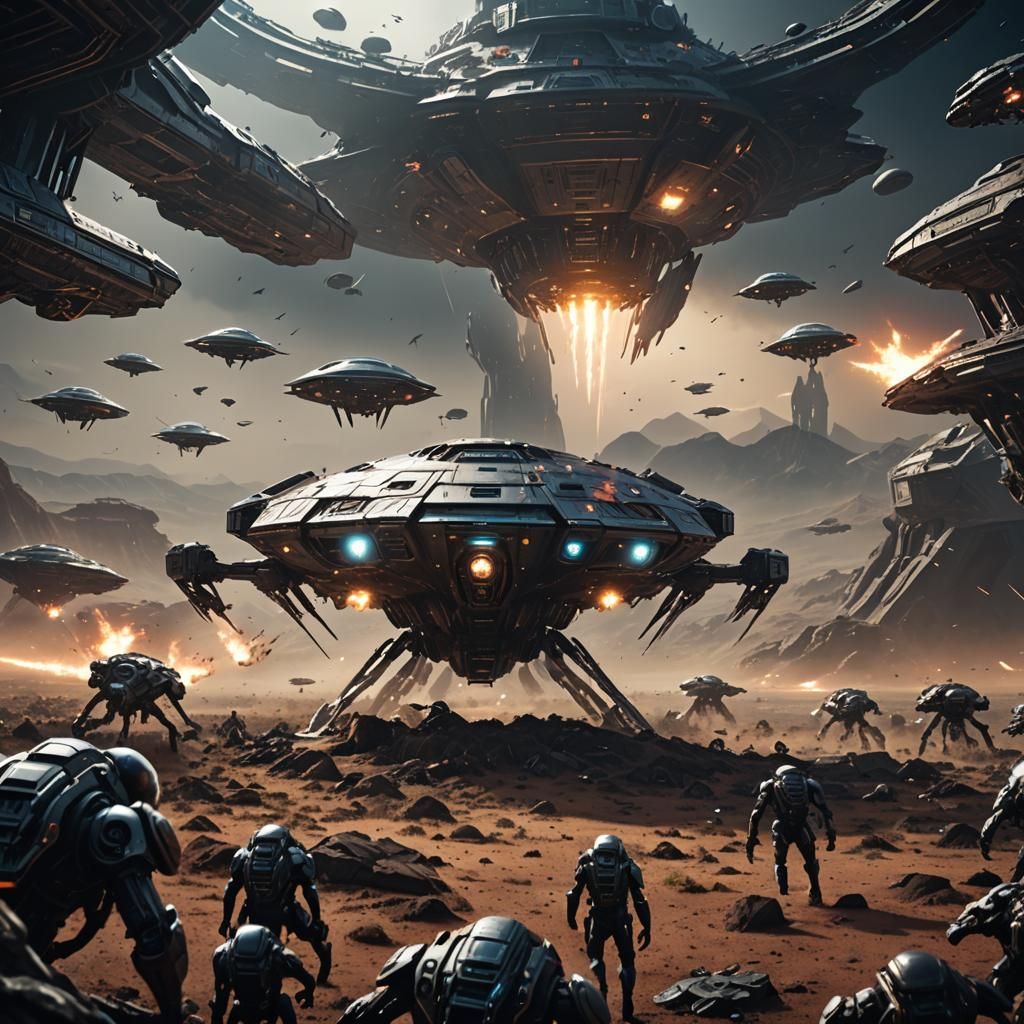 Epic Sci-Fi Battle Scene with Alien Mothership