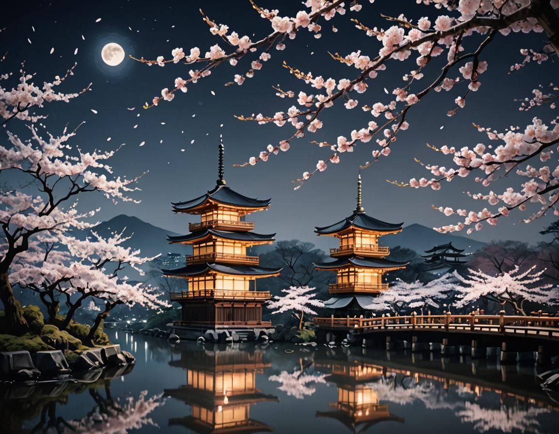 Moonlit Cherry Blossoms in Japanese Ink Painting