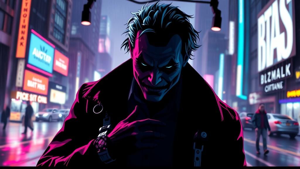 Cyberpunk Joker Silhouette in Rainy Gotham Night