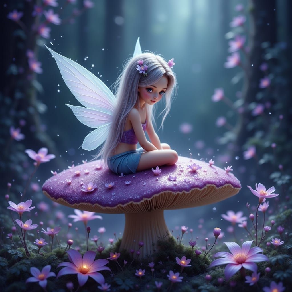 Disney Pixie on Dewy Mushroom in Purple and Teal