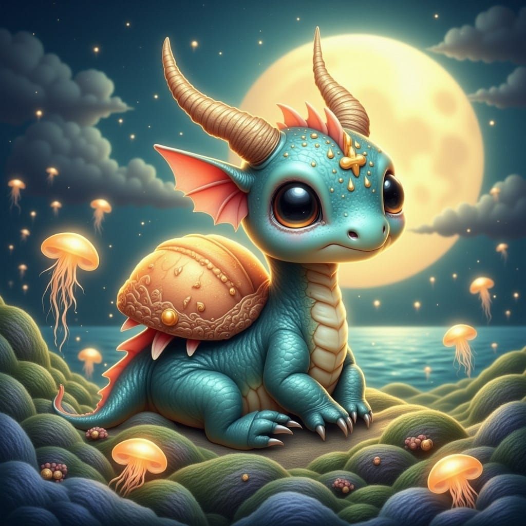 Enchanting Crab Shell Dragon Hatchling in Watercolor Style