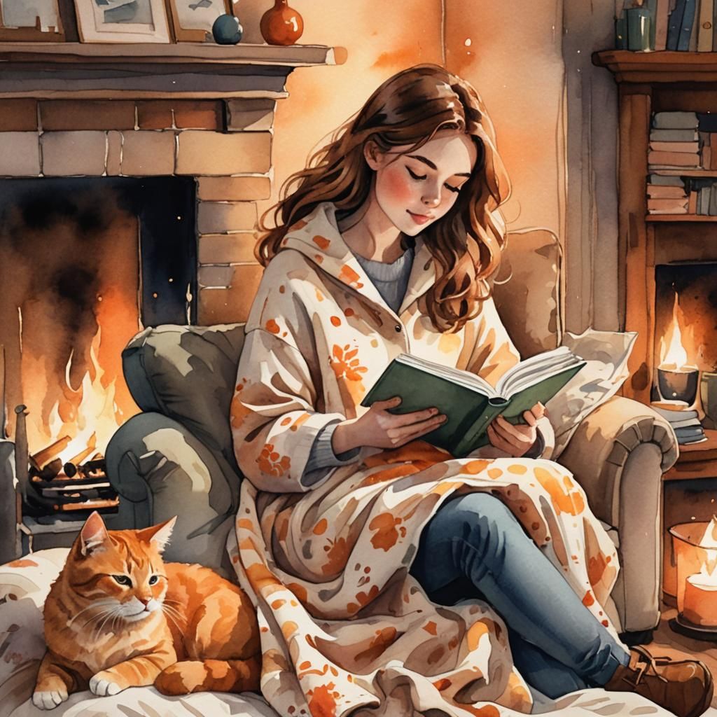 Cozy Girl Reading Book with Cat Illustration