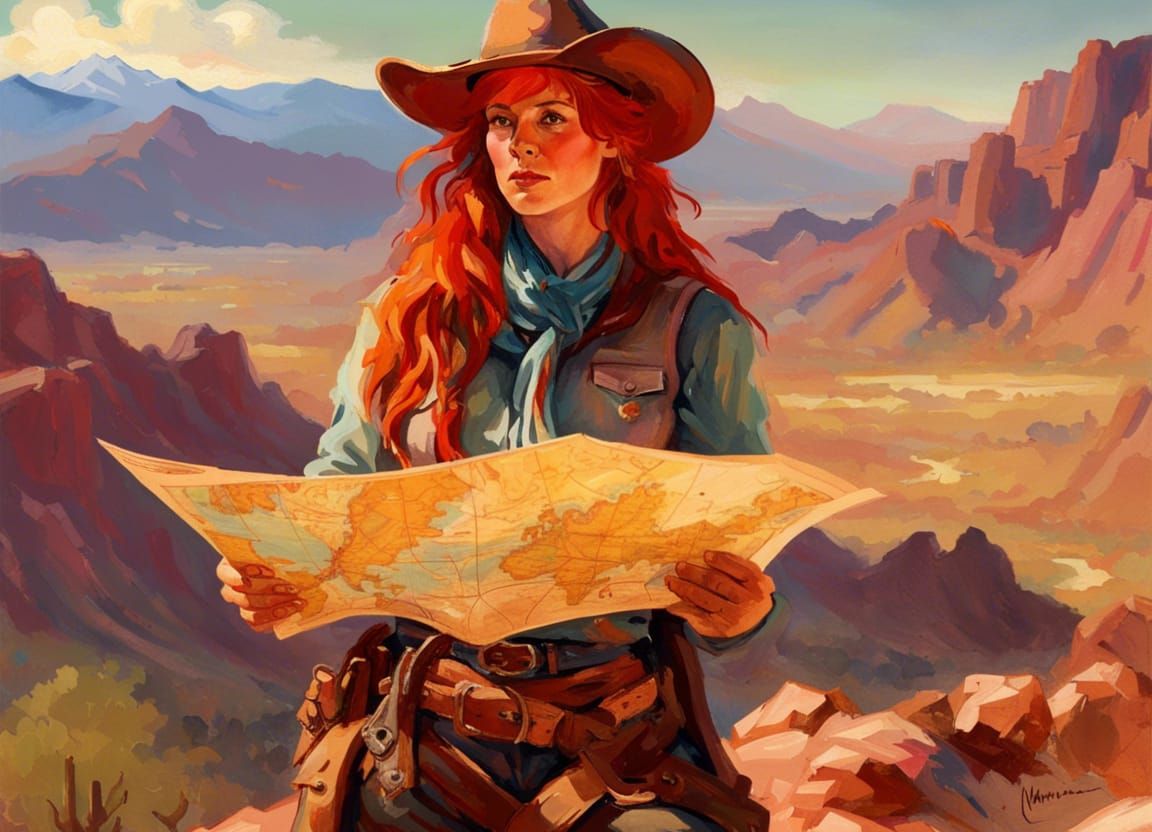 Cowgirl Map in Western Landscape Art