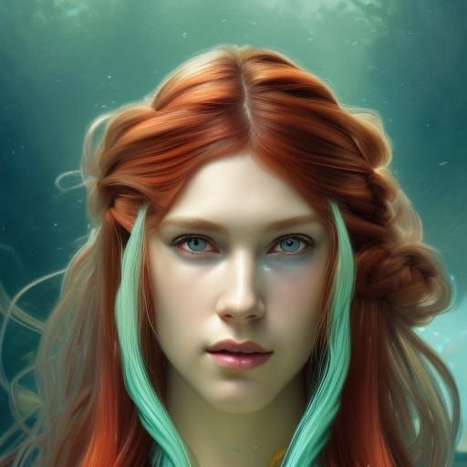 Red-Haired Mermaid Portrait in Art Nouveau Style