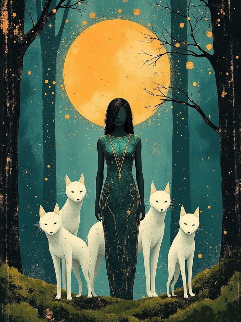 Archer and Wolves Under Moonlight, Digital Painting