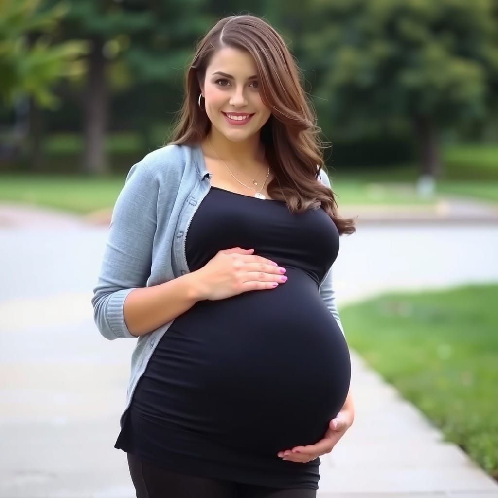 Expectant Mother in Summer Outfit with Full Belly