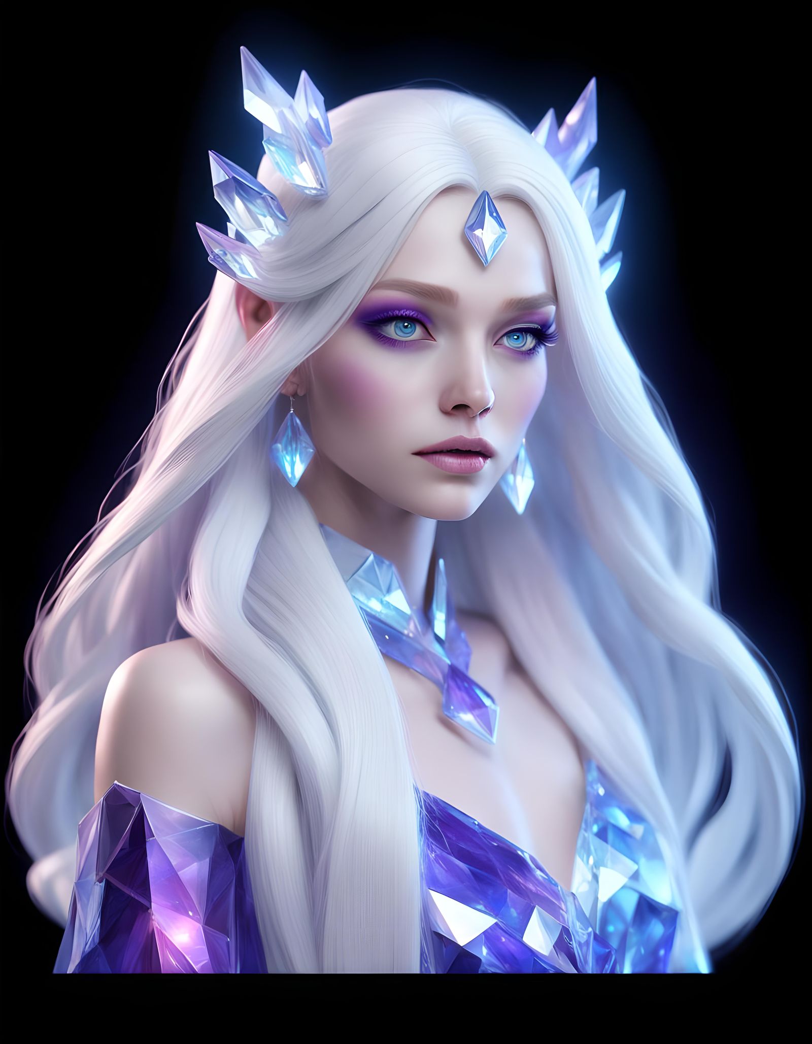 Ethereal crystal Maiden with long white hair and crystal blue eyes with purple eyeshadow with purple eyeliner and purple...