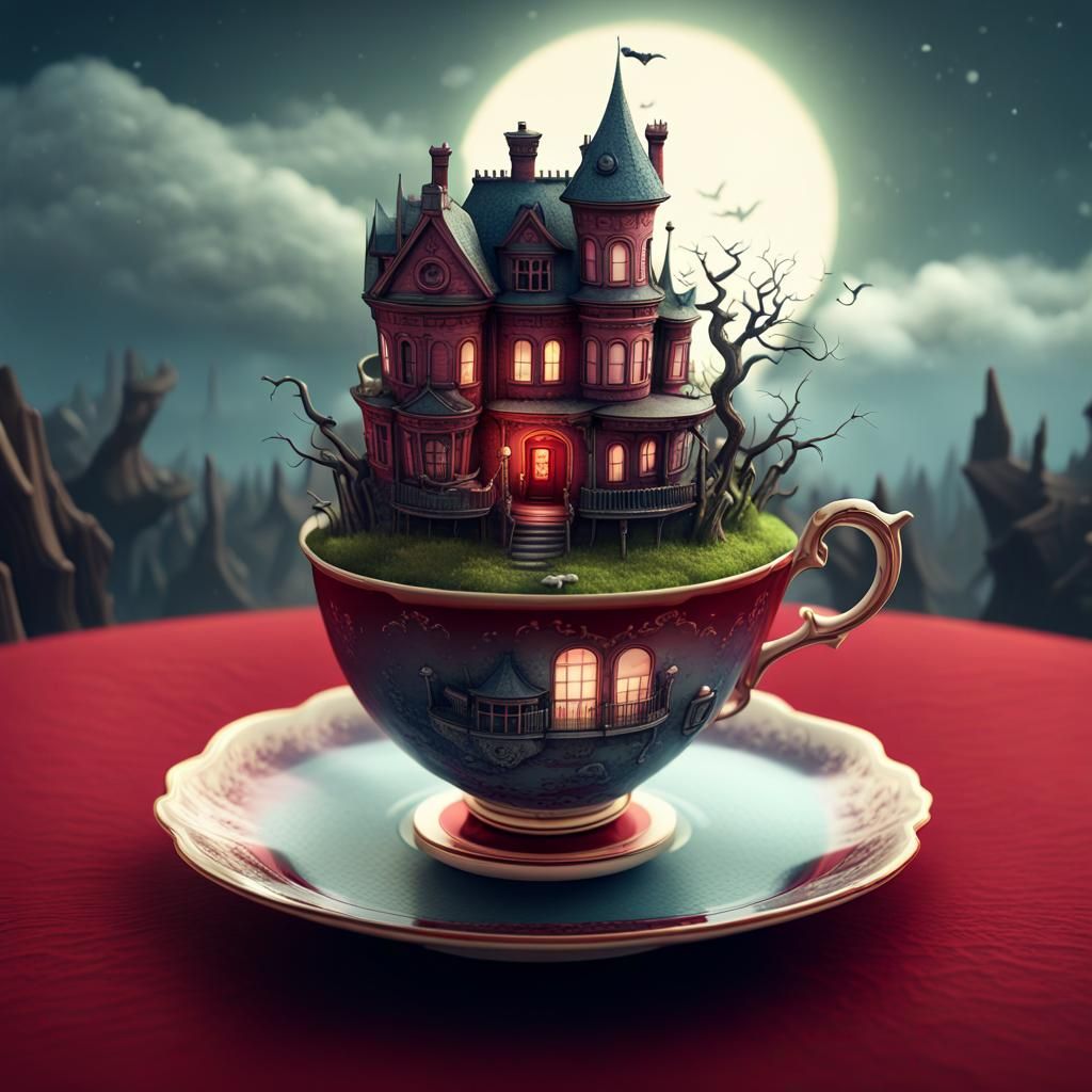Surreal Teacup with Victorian House, Fantasy Horror