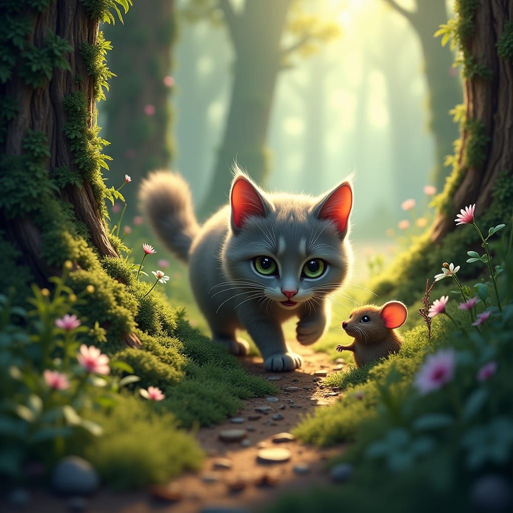 Grey Cat Pouncing in Enchanted Forest, Digital Matte Paintin...