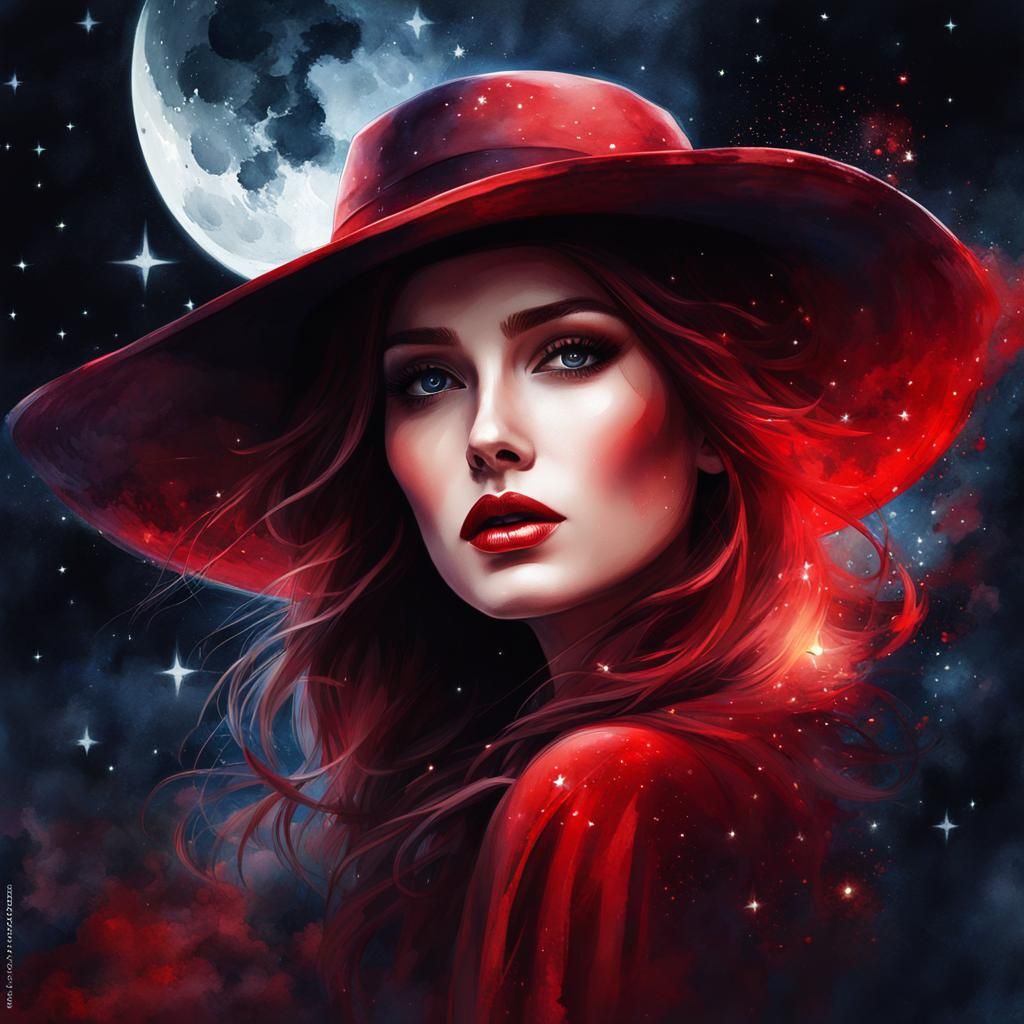 Mystical Red Woman in Watercolor Under Moonlight