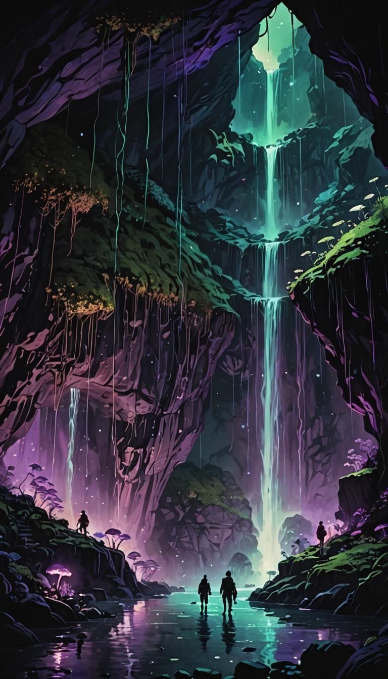 Dark Fantasy Cave with Glowing Mushrooms, Alcohol Ink