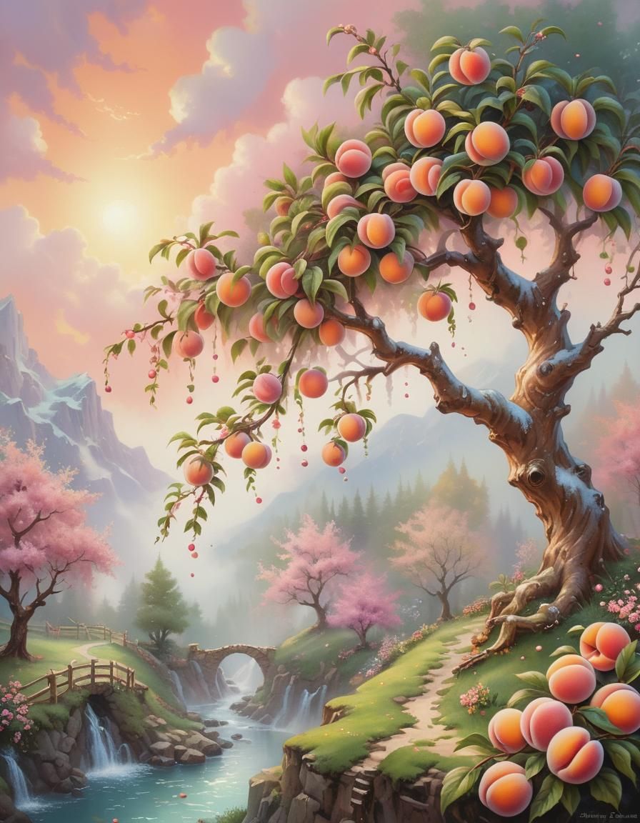 Peach Can Tree in a Fantasy Gouache Wonderland