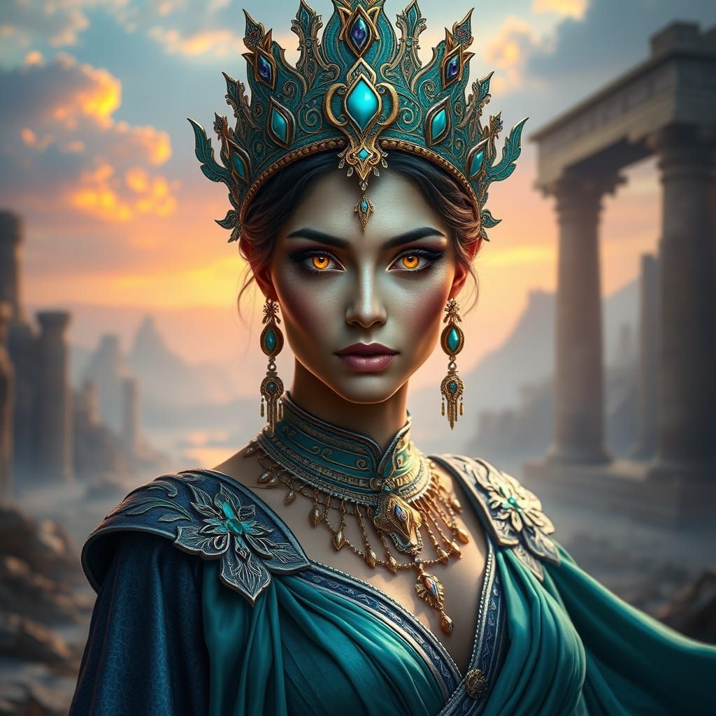Queen in Atlantean Attire with Golden Violet Eyes