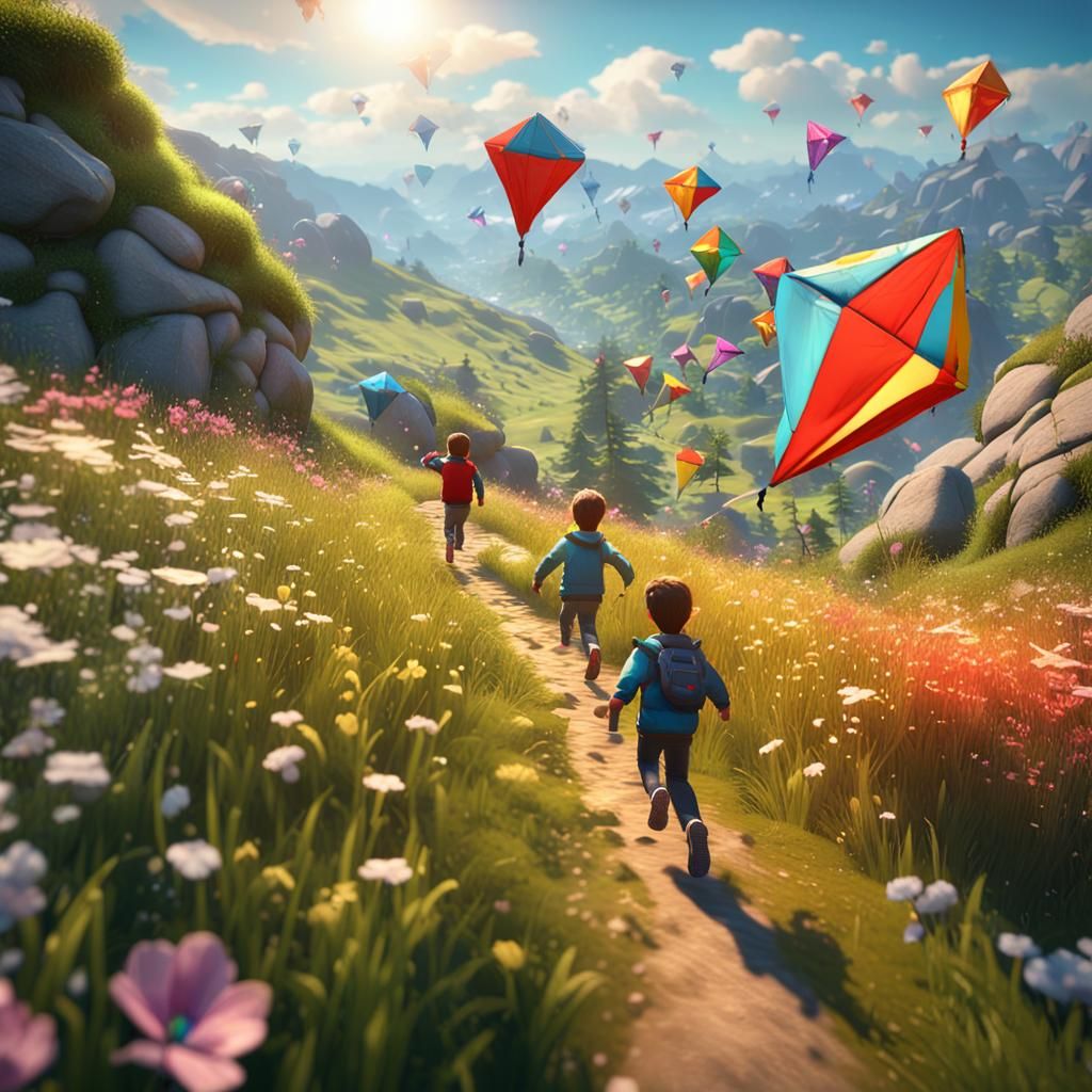 Children's Kite Flight: 3D Game Cinematic Scene