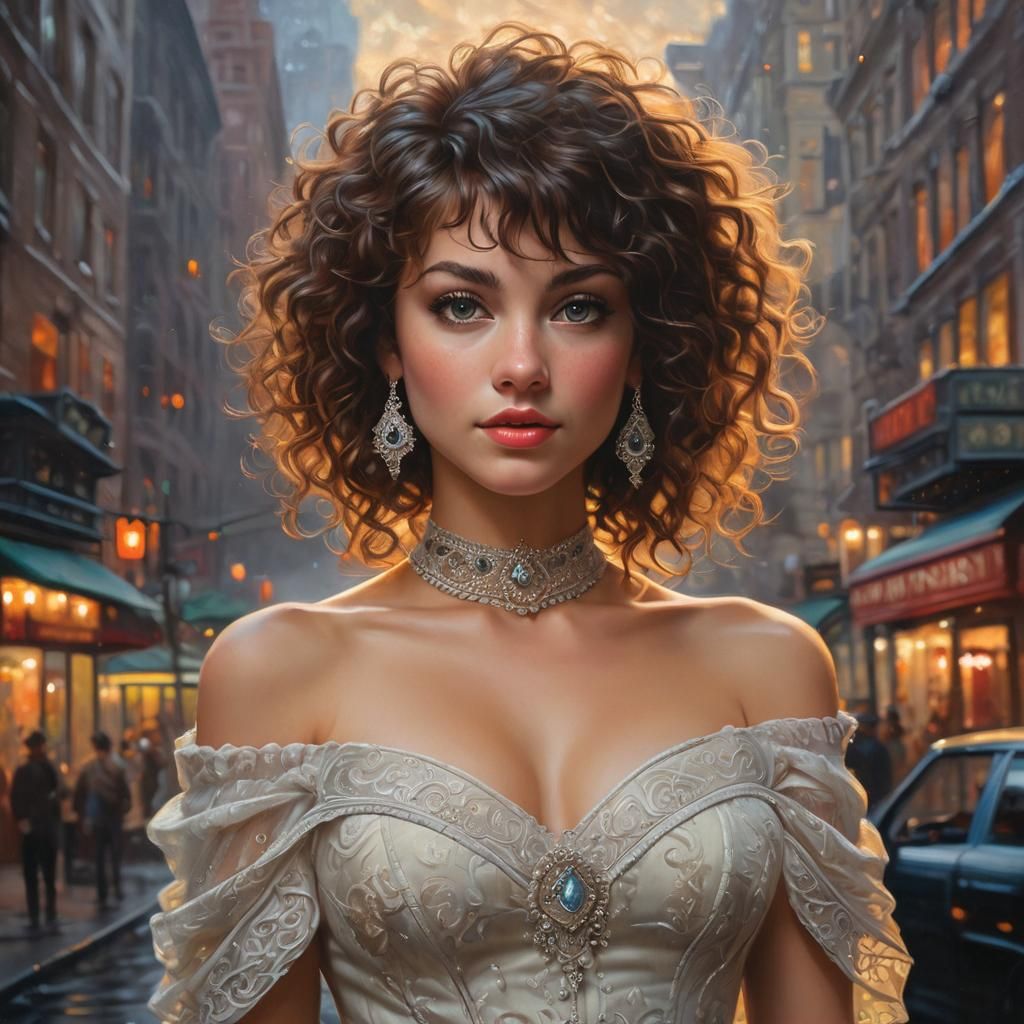 Stunning Brunette in New York, Oil Painting