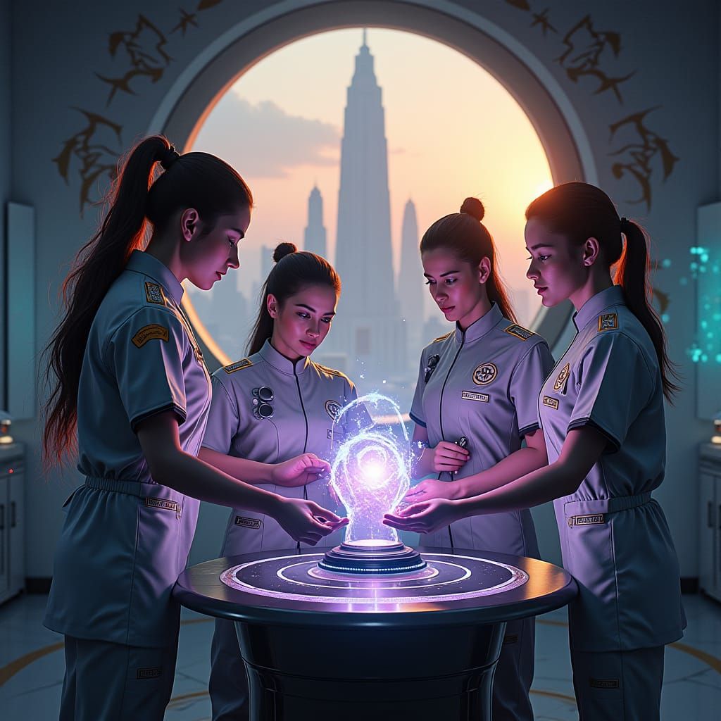 Nurses Investigate Glowing Artifact in Futuristic Lab