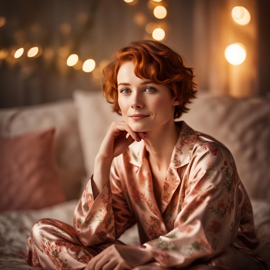 Contented Woman in Silk Pajamas at Dusk