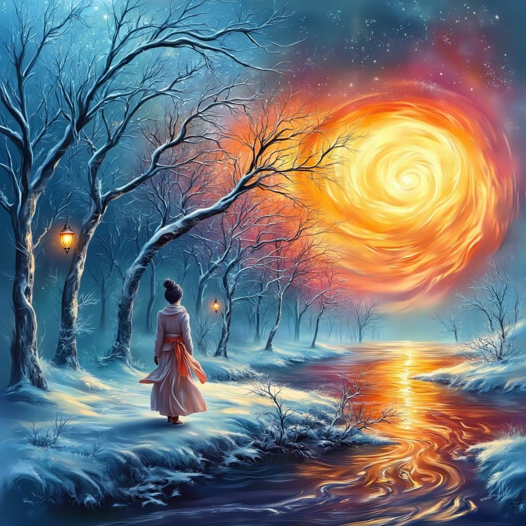 Woman in White Robe Walking in Snowy Surreal Dreamscape
