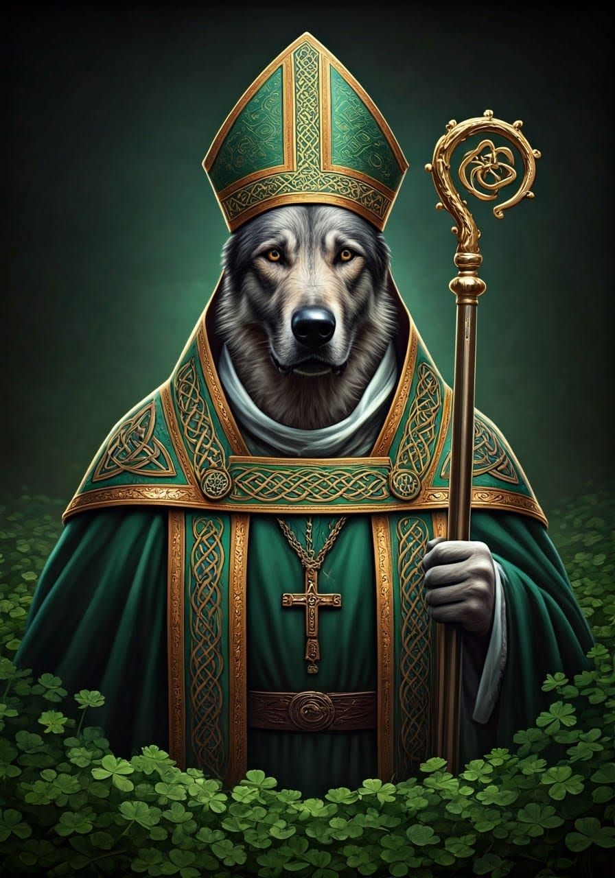 Irish Wolfhound Bishop in Shamrock Field: Oil Painting