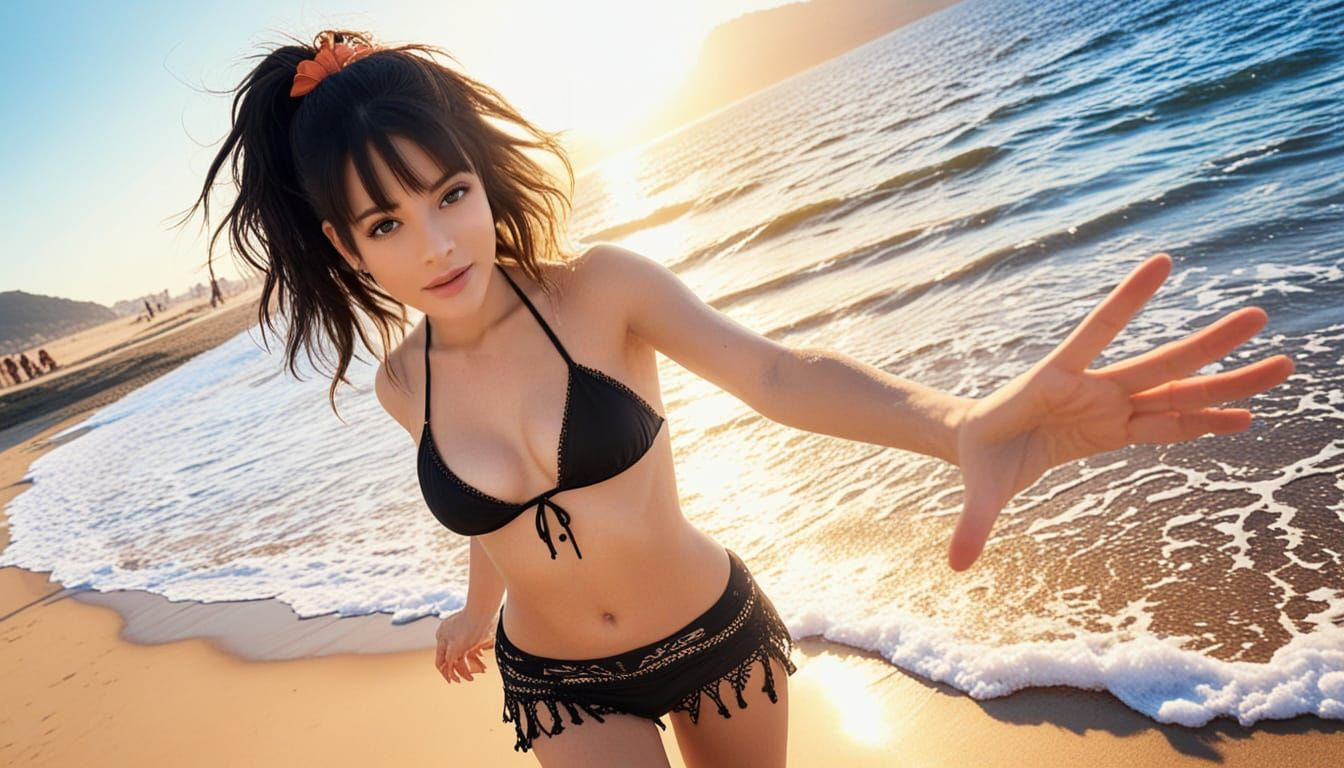 Photorealistic Woman in Bikini on Beach