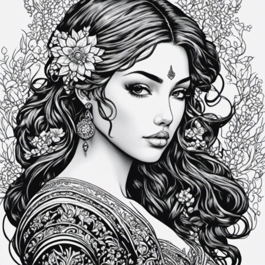 Coloring Book Style Portrait with Black Outlines