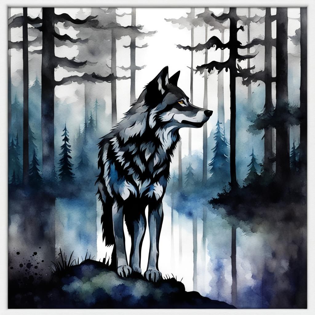 Watercolor Wolf Gazing at Dark Forest