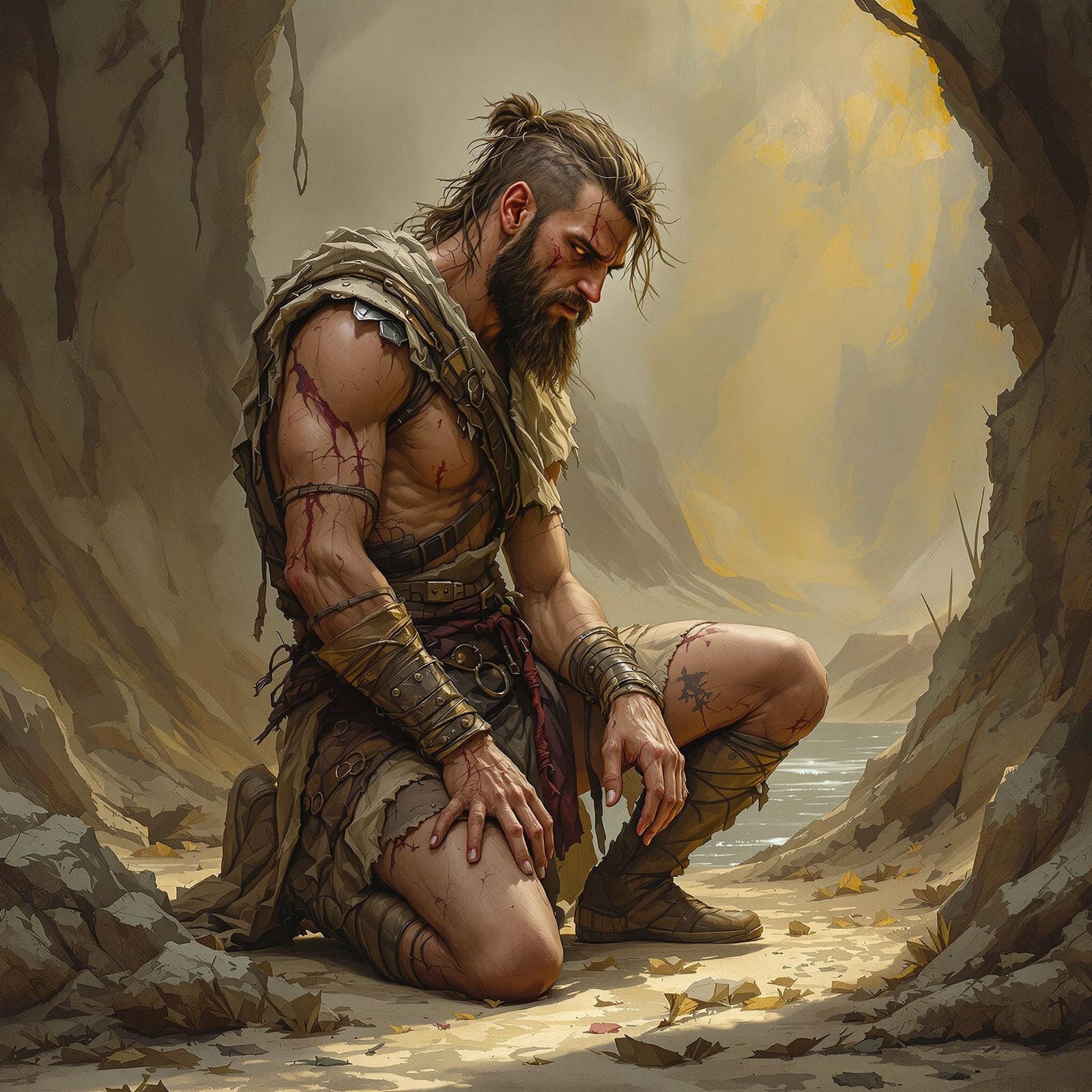 Weary Warrior in Peaceful Light, Fantasy Art