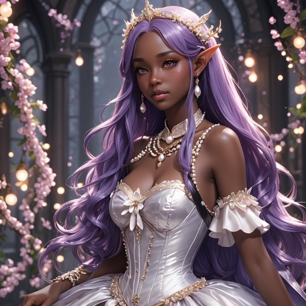Anime Style Elf with Purple Hair and Pearl Necklace