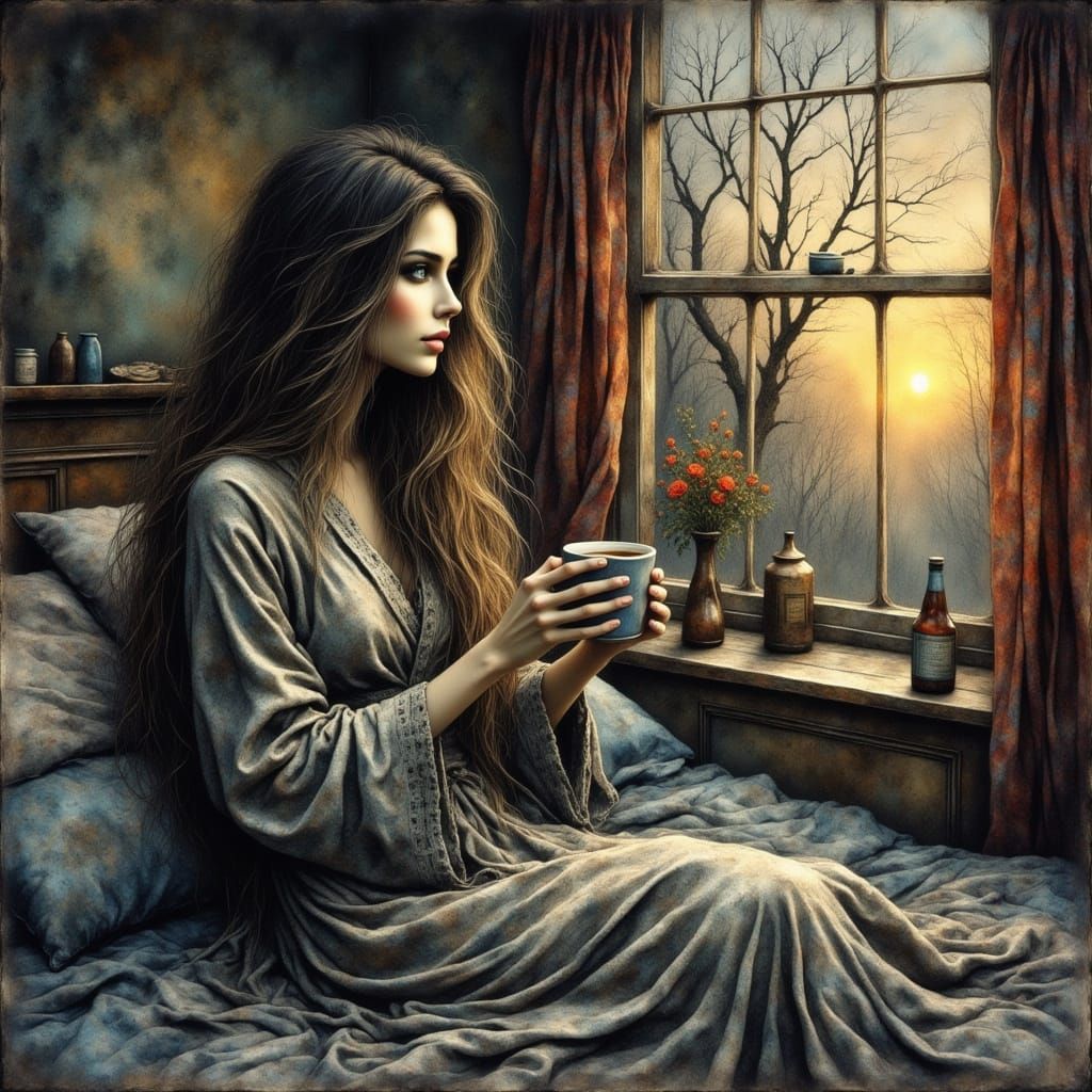 Woman Enjoying Morning Coffee at Sunrise