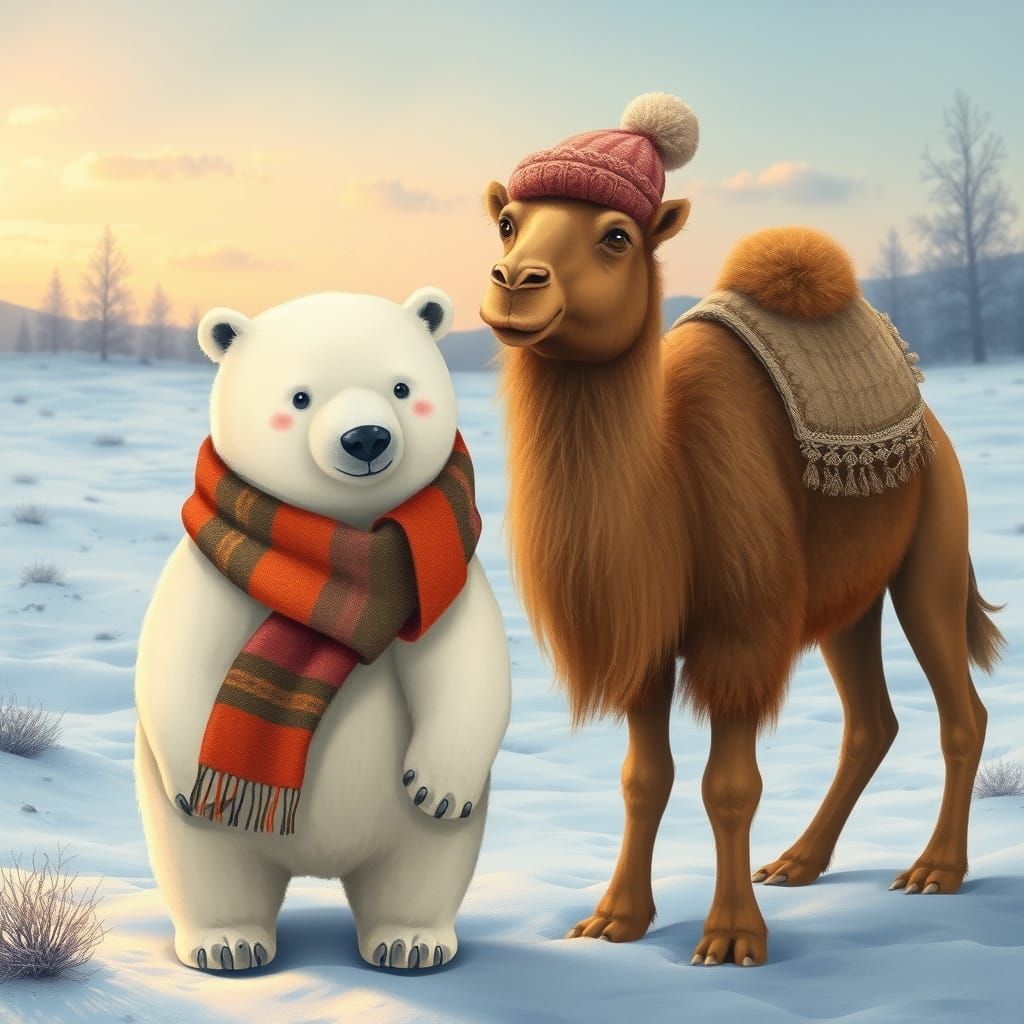 Polar Bear and Camel Friends in Snowy Landscape