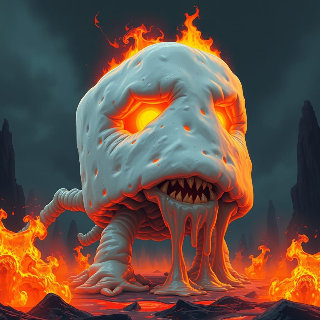 Fiery Marshmallow Monster in a Dark Dreamscape