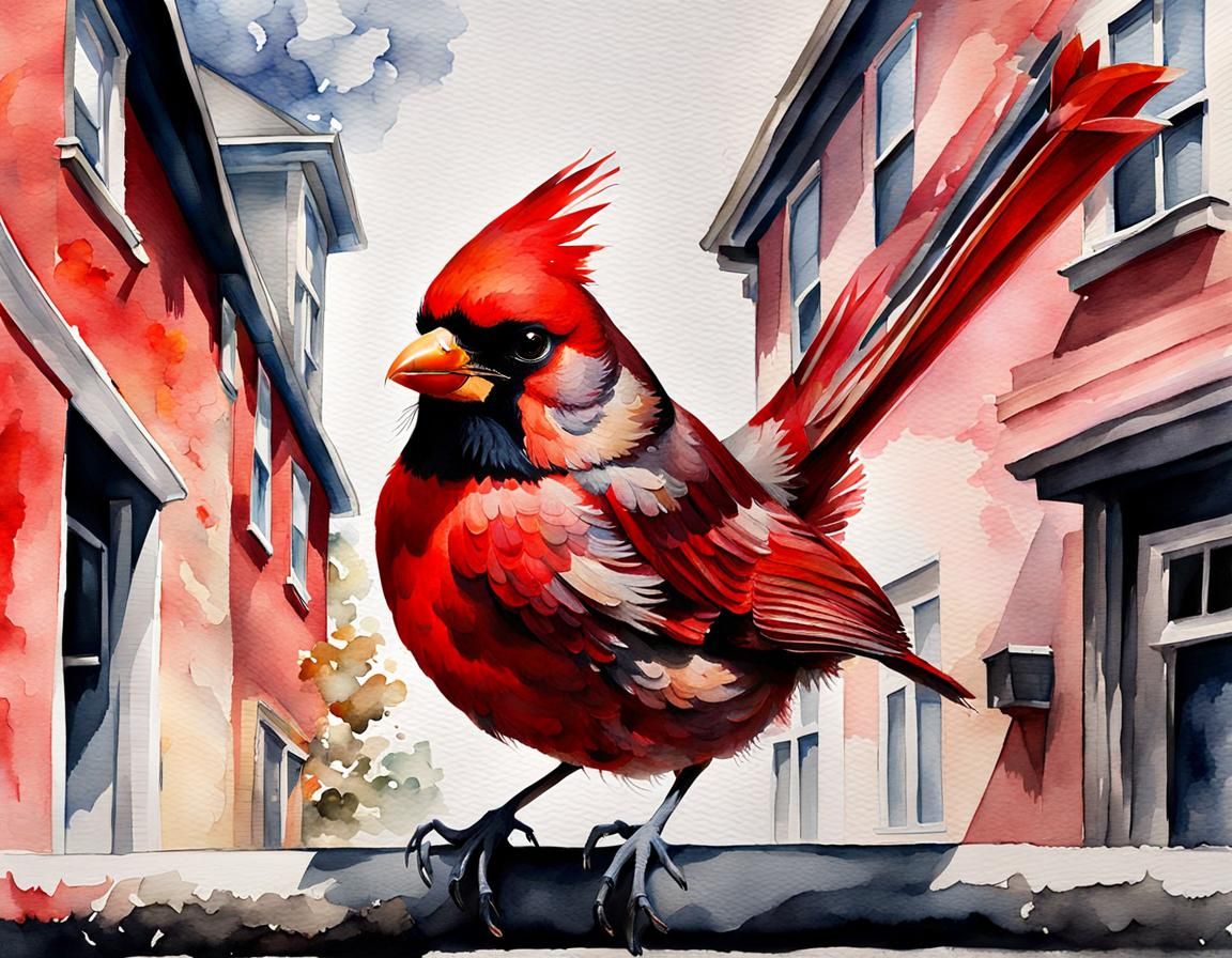 Cardinal Bird in Town: Watercolor Painting