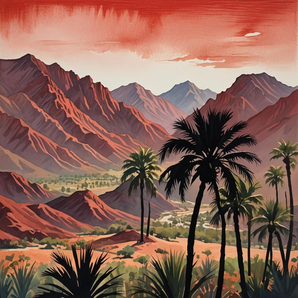 Palm Tree Silhouette Against Red Mountains in Gouache